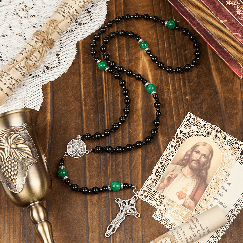 St. Benedict & Crucifix of 8mm Obsidian & Jade Bead Rosary - Faith and Sacred Connection