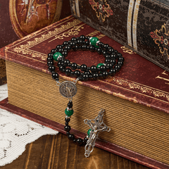 St. Benedict & Crucifix of 8mm Obsidian & Jade Bead Rosary - Faith and Sacred Connection