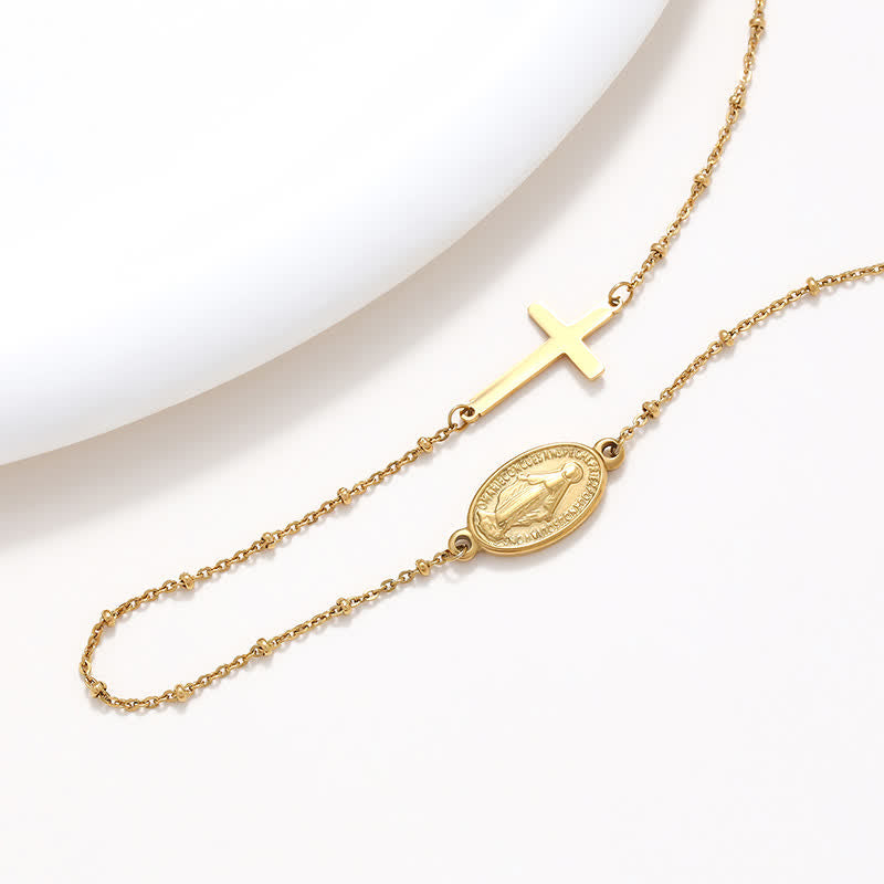 Elegant Gold-Tone Miraculous Medal&Simple Cross Pendant Necklace