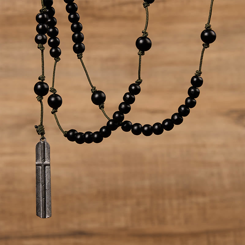 Rustic-Contemporary Cross of 8 mm Round Natural Wood Beads Rope Weaving Chain Rosary