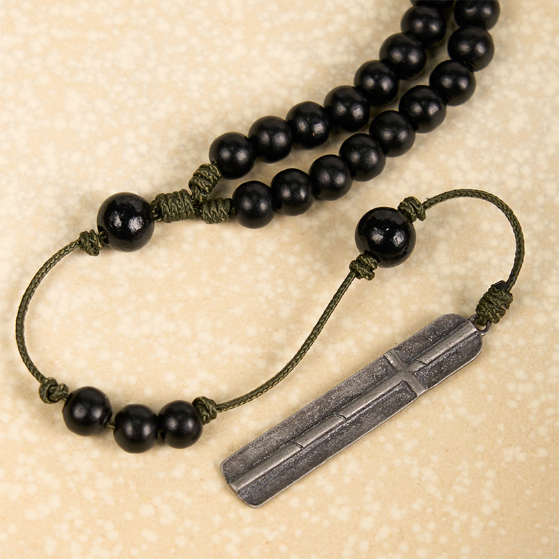 Rustic-Contemporary Cross of 8 mm Round Natural Wood Beads Rope Weaving Chain Rosary