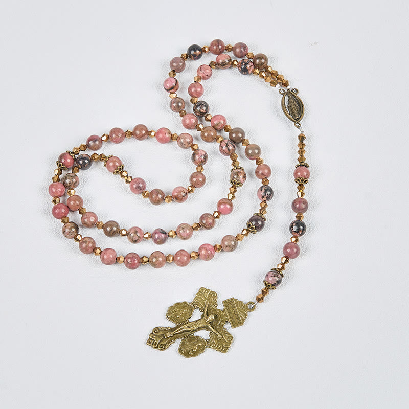 Vintage-Inspired Rosary with Pink Rhodonite - Journey with Christ