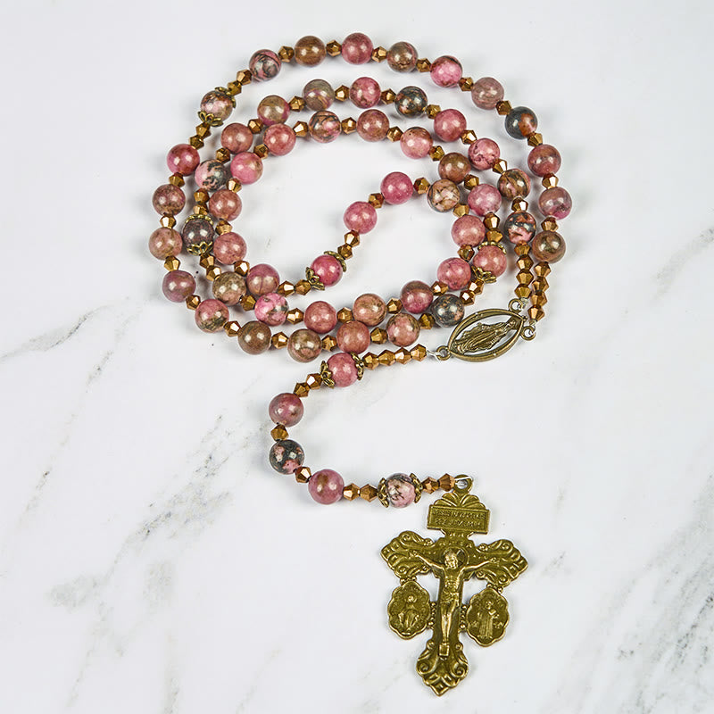 Vintage-Inspired Rosary with Pink Rhodonite - Journey with Christ