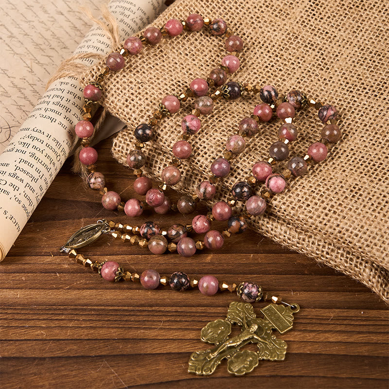 Vintage-Inspired Rosary with Pink Rhodonite - Journey with Christ