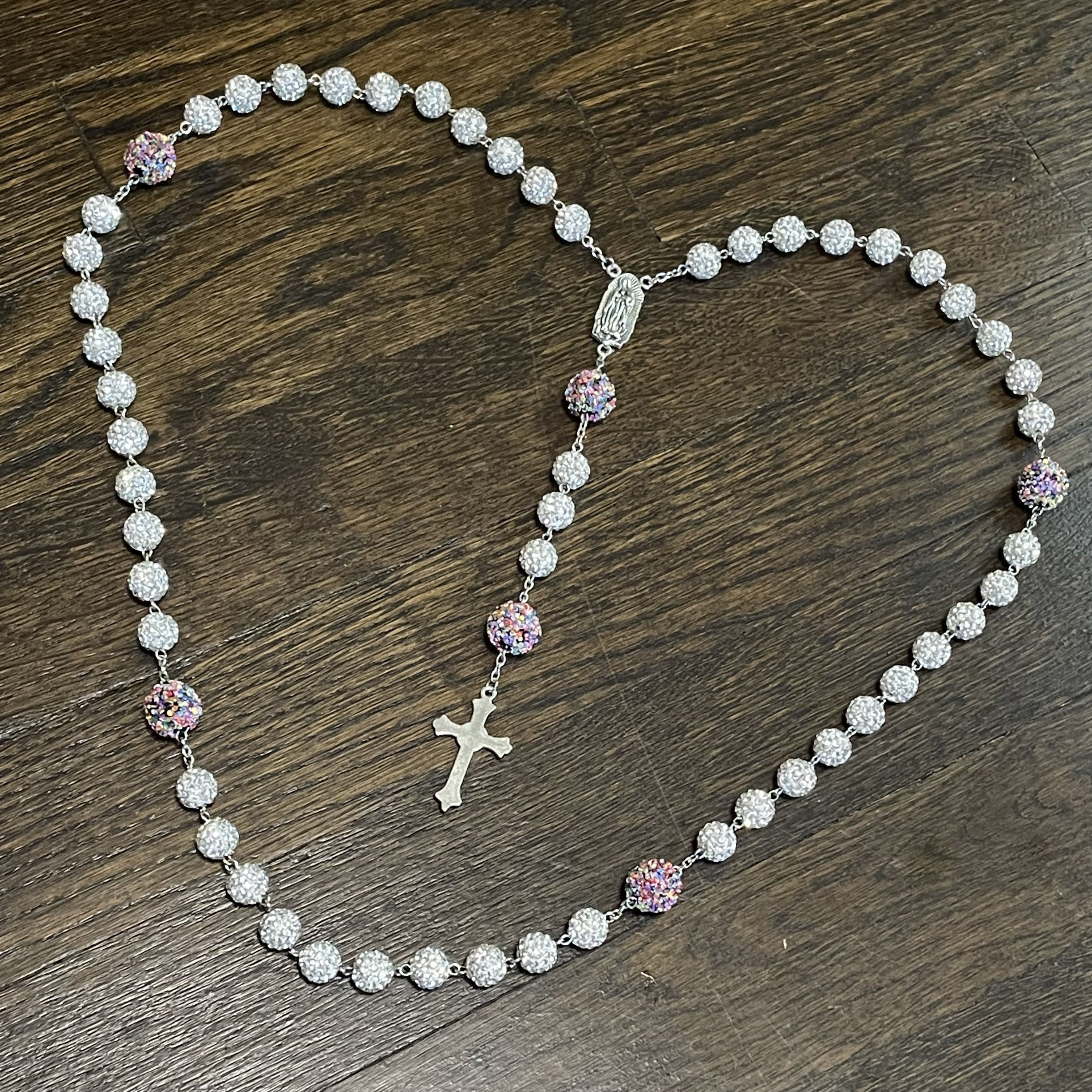 Our Lady of Guadalupe & Crucifix of 10mm Round White Rhinestone Alloy Chain Rosary