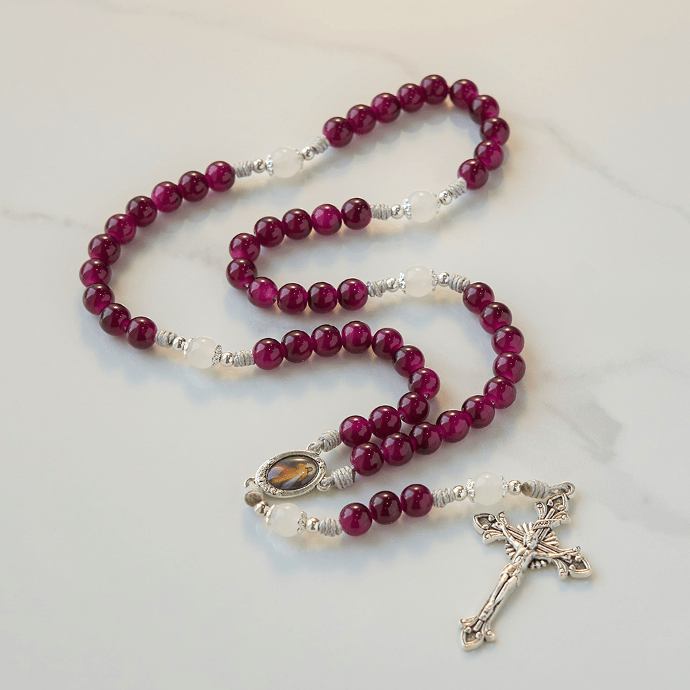 Divine Mercy & Crucifix of 8mm Garnet Chalcedony Rosary - Handmade Divine Beads