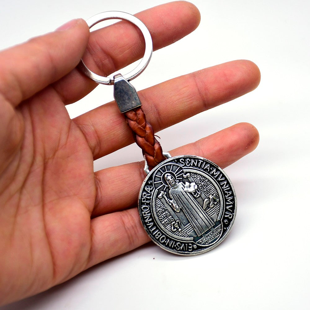Holy Trinity Leather Keychain – Religious Metal Keyring Souvenir Gift