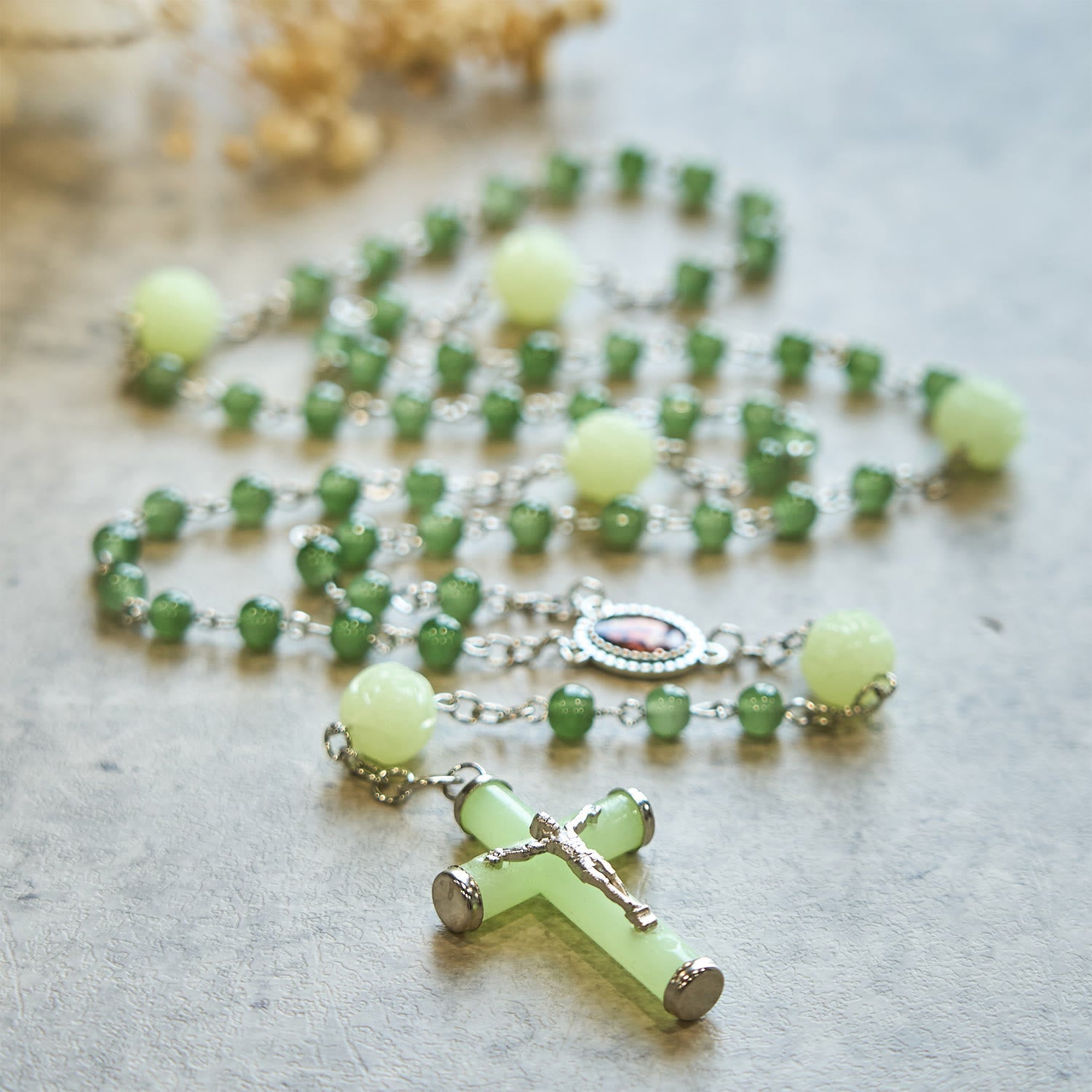 Jade & Luminous Rose Our Father Beads Glowing Faith Rosary: A Divine Companion