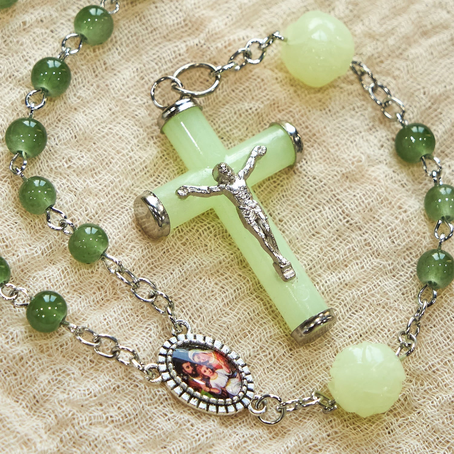 Jade & Luminous Rose Our Father Beads Glowing Faith Rosary: A Divine Companion