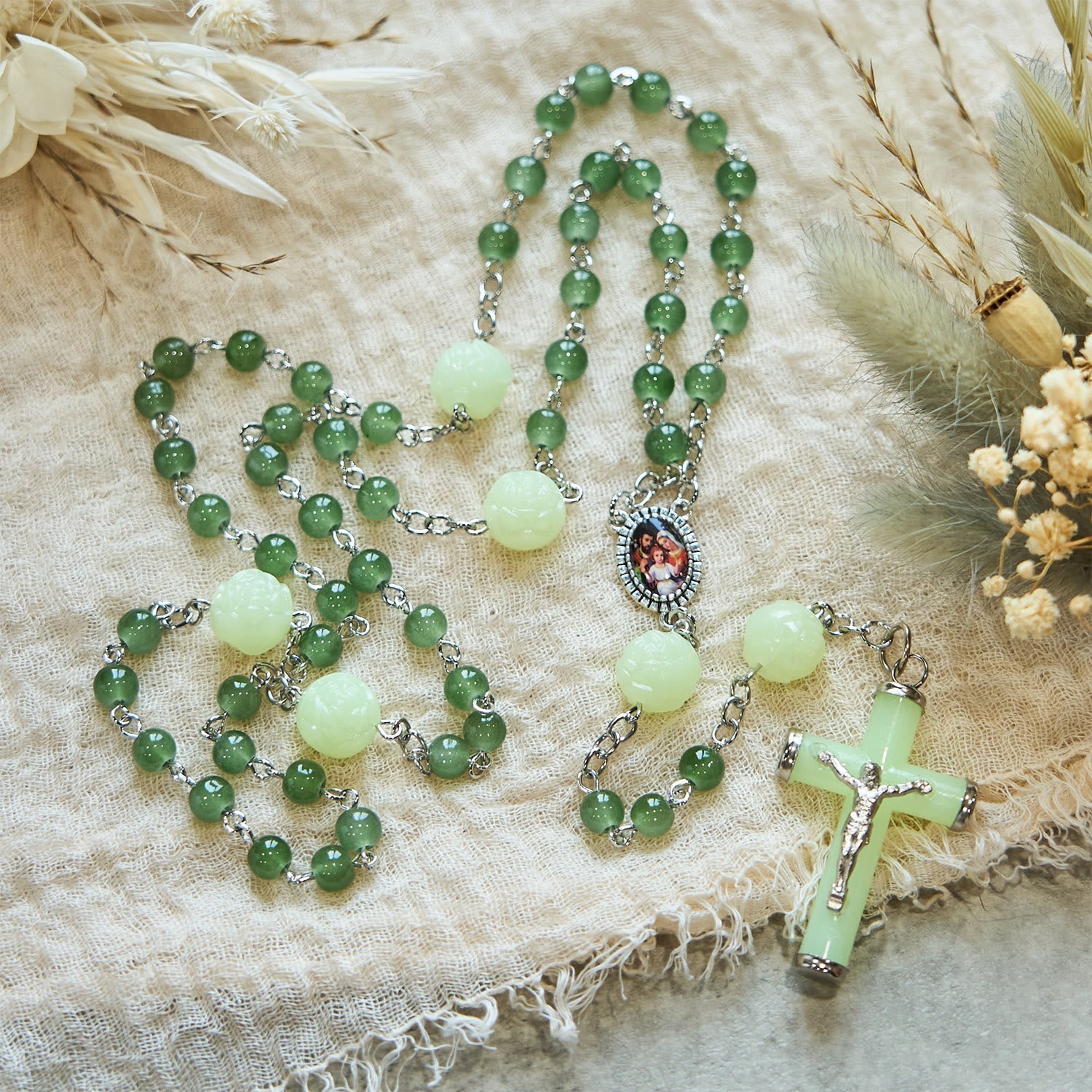 Jade & Luminous Rose Our Father Beads Glowing Faith Rosary: A Divine Companion