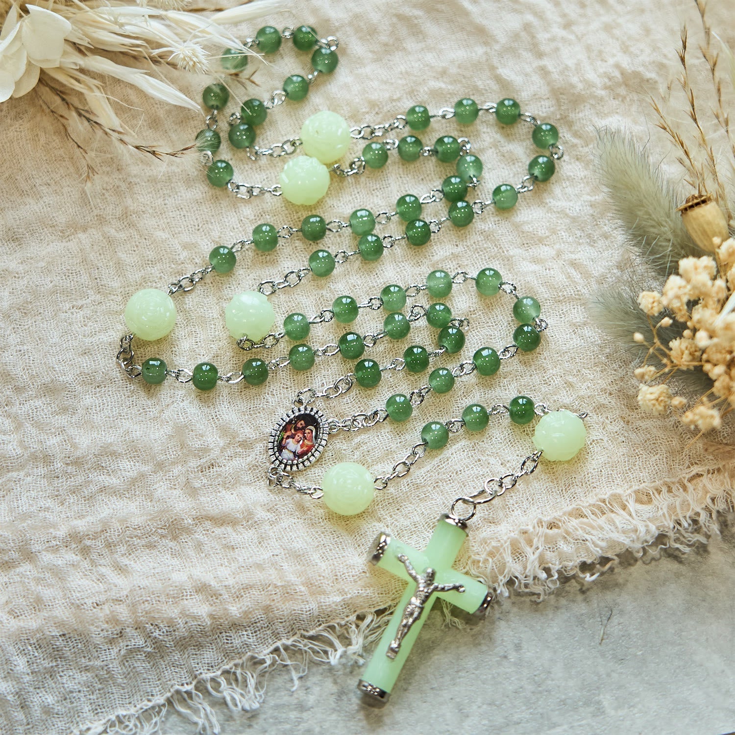 Jade & Luminous Rose Our Father Beads Glowing Faith Rosary: A Divine Companion