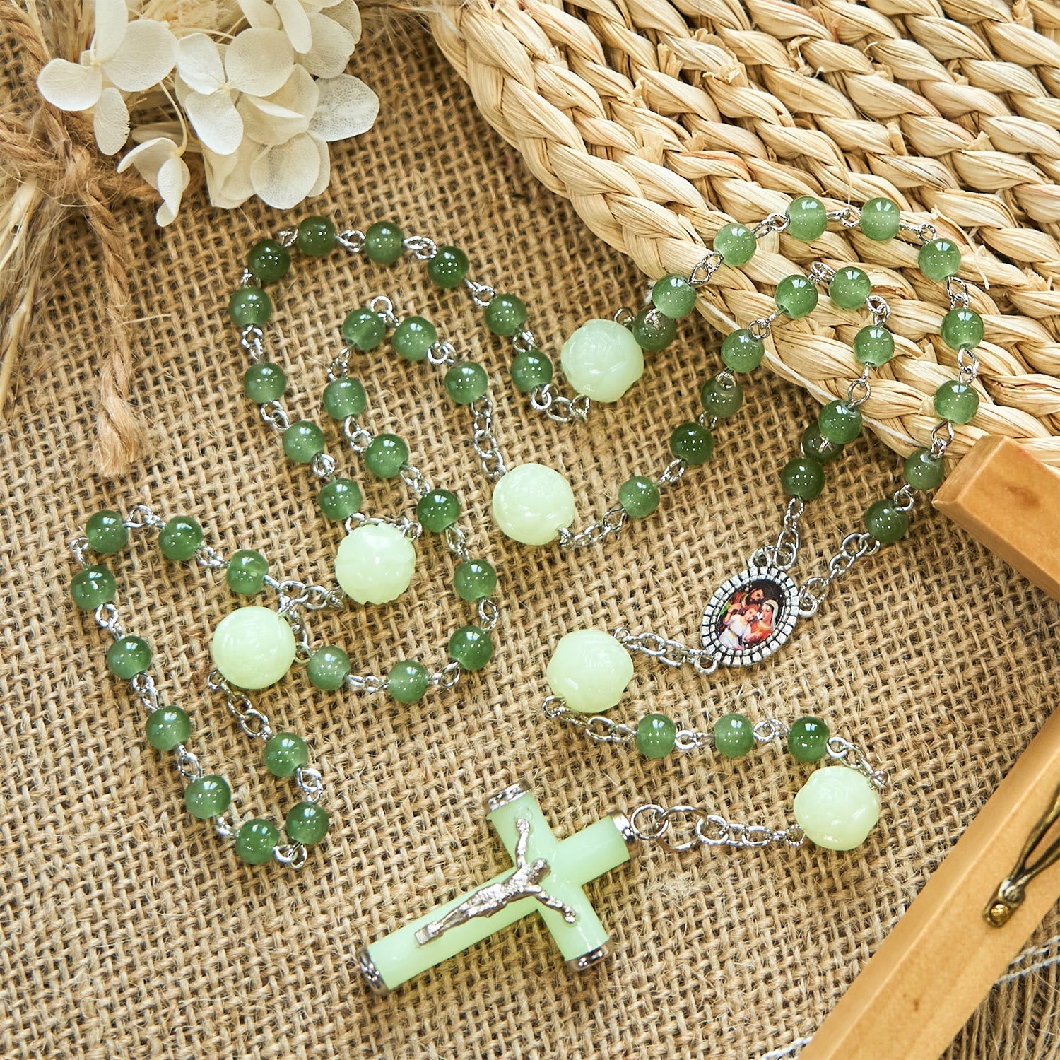 Jade & Luminous Rose Our Father Beads Glowing Faith Rosary: A Divine Companion