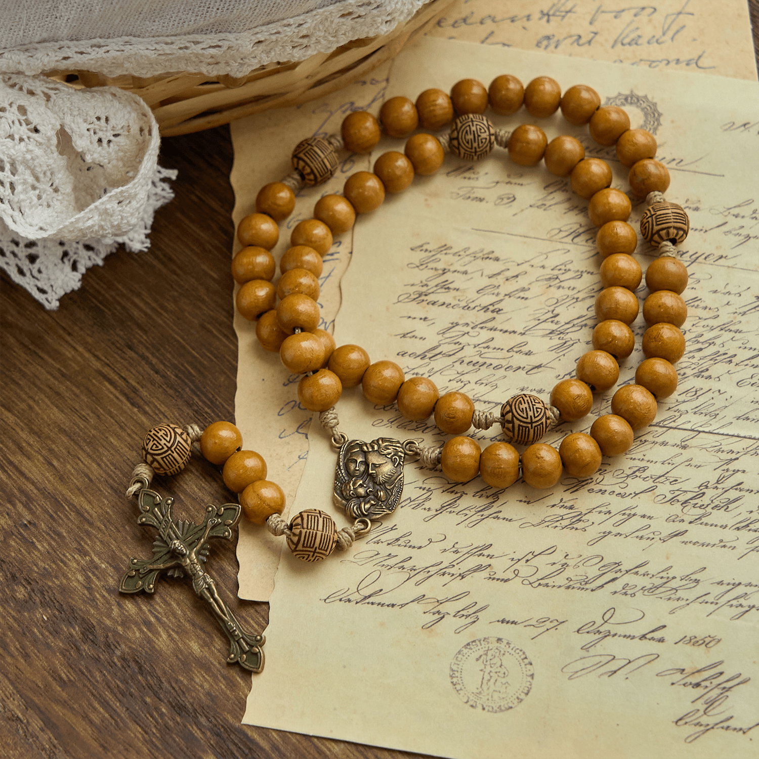 Holy Family & Crucifix of Handmade 10mm Olive Wood Bead Rosary for Holy Prayer