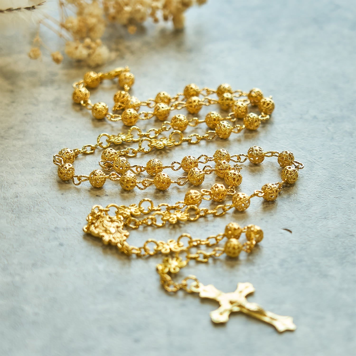 Sacred Heart of Jesus & Crucifix of 6mm Golden Metal Ball Flower Rosary