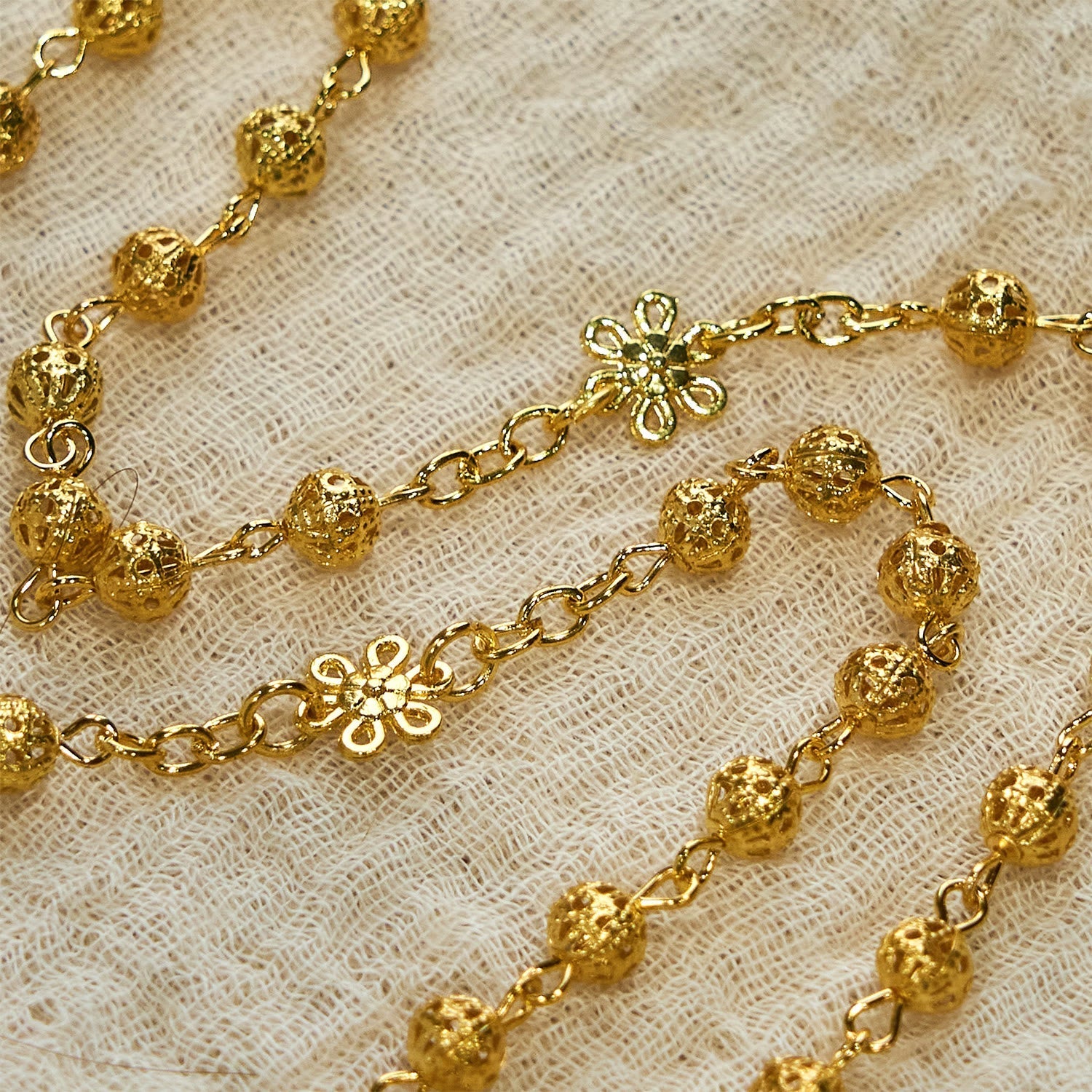 Sacred Heart of Jesus & Crucifix of 6mm Golden Metal Ball Flower Rosary