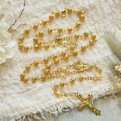 Sacred Heart of Jesus & Crucifix of 6mm Golden Metal Ball Flower Rosary