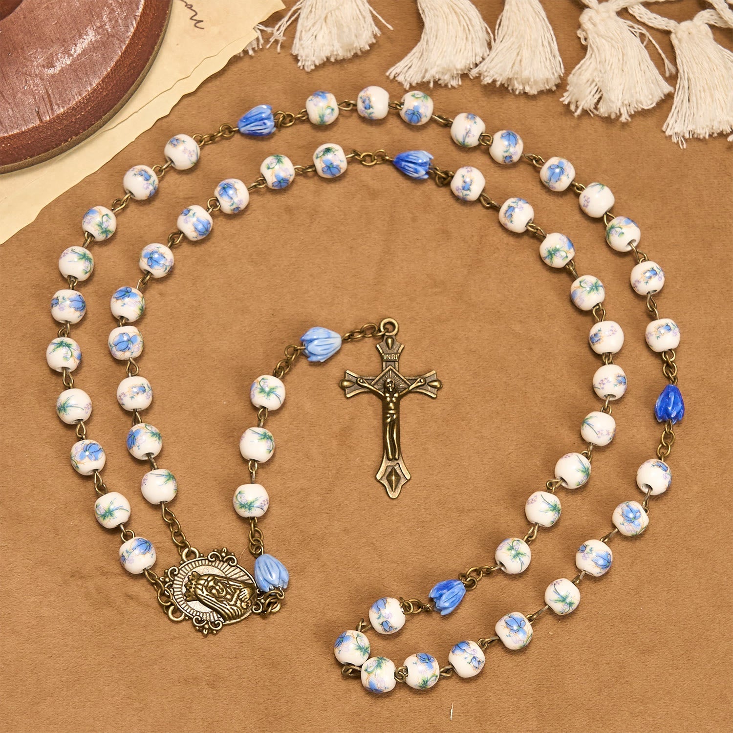 Immaculate Heart of Mary & Crucifix of 8 mm Round Blue Floral Acrylic Alloy Chain Rosary