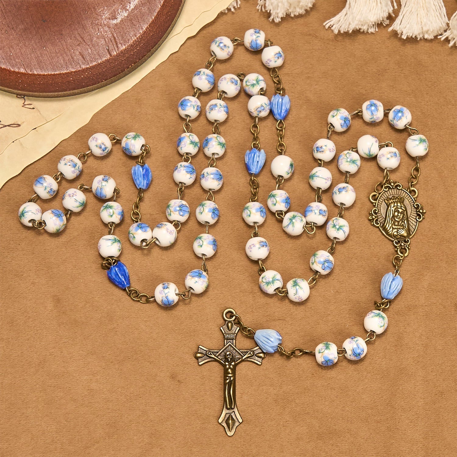 Immaculate Heart of Mary & Crucifix of 8 mm Round Blue Floral Acrylic Alloy Chain Rosary