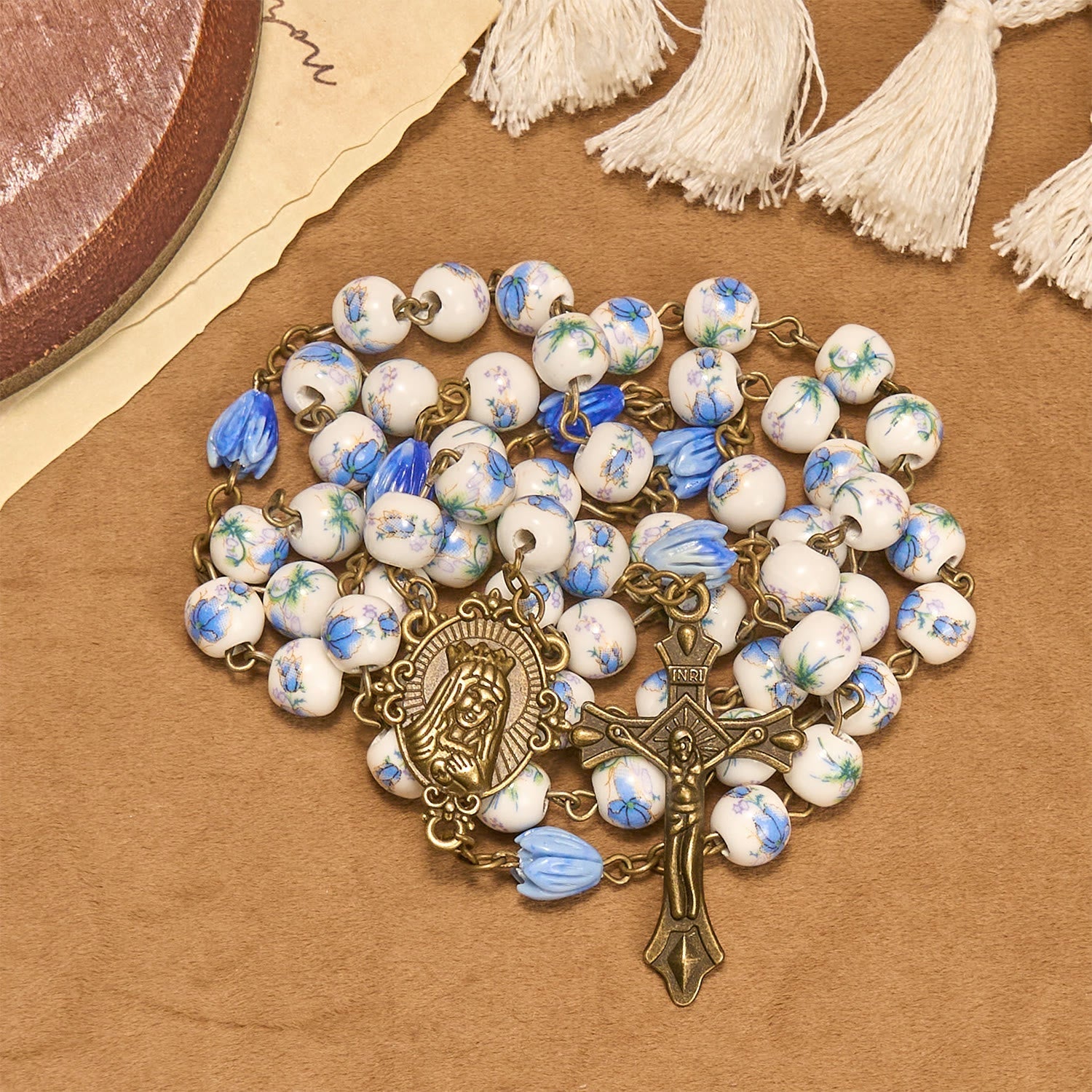 Immaculate Heart of Mary & Crucifix of 8 mm Round Blue Floral Acrylic Alloy Chain Rosary