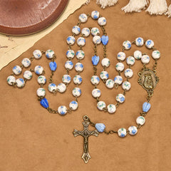 Immaculate Heart of Mary & Crucifix of 8 mm Round Blue Floral Acrylic Alloy Chain Rosary