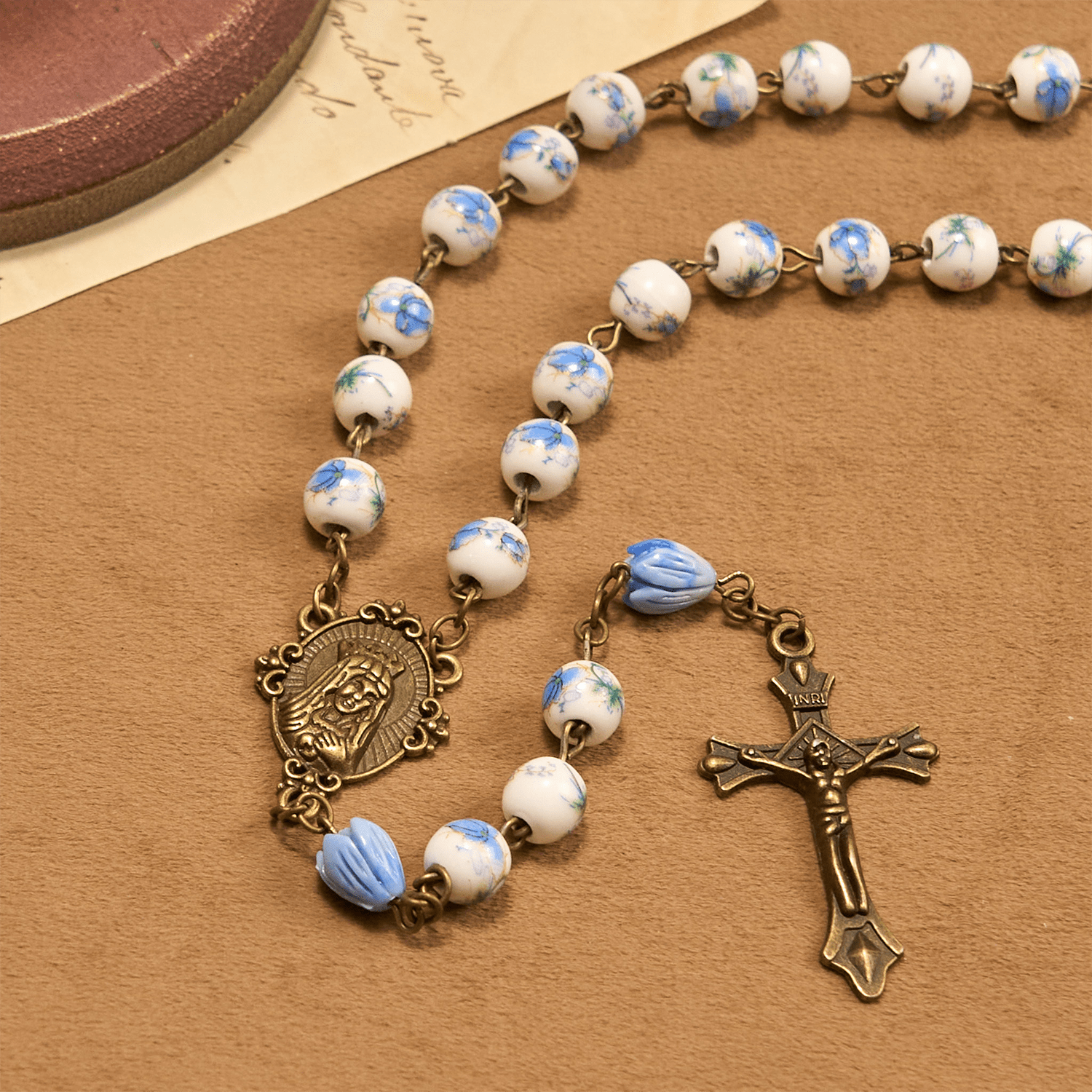 Immaculate Heart of Mary & Crucifix of 8 mm Round Blue Floral Acrylic Alloy Chain Rosary