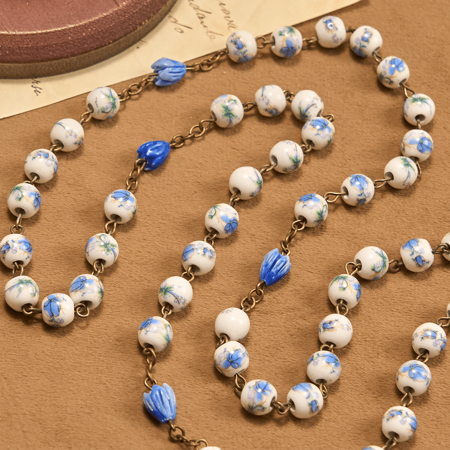 Immaculate Heart of Mary & Crucifix of 8 mm Round Blue Floral Acrylic Alloy Chain Rosary