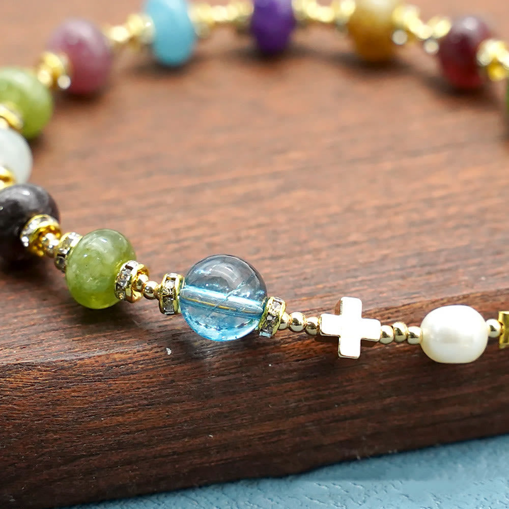 Miraculous Medal & Cross of Round Multicolor Natural Tourmaline Agate Bracelet