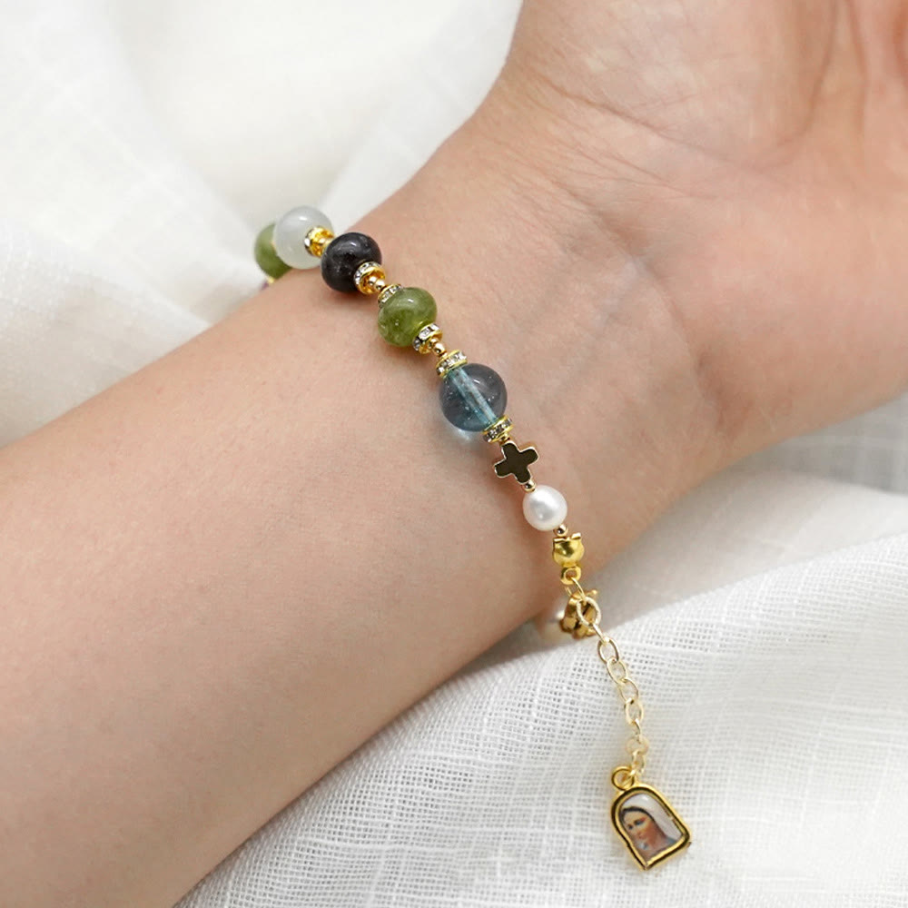 Miraculous Medal & Cross of Round Multicolor Natural Tourmaline Agate Bracelet
