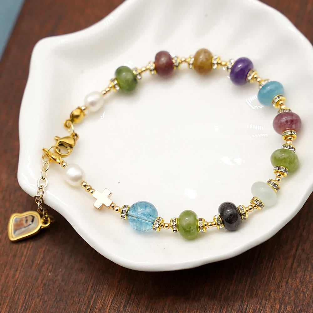 Miraculous Medal & Cross of Round Multicolor Natural Tourmaline Agate Bracelet