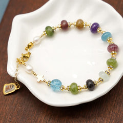 Miraculous Medal & Cross of Round Multicolor Natural Tourmaline Agate Bracelet