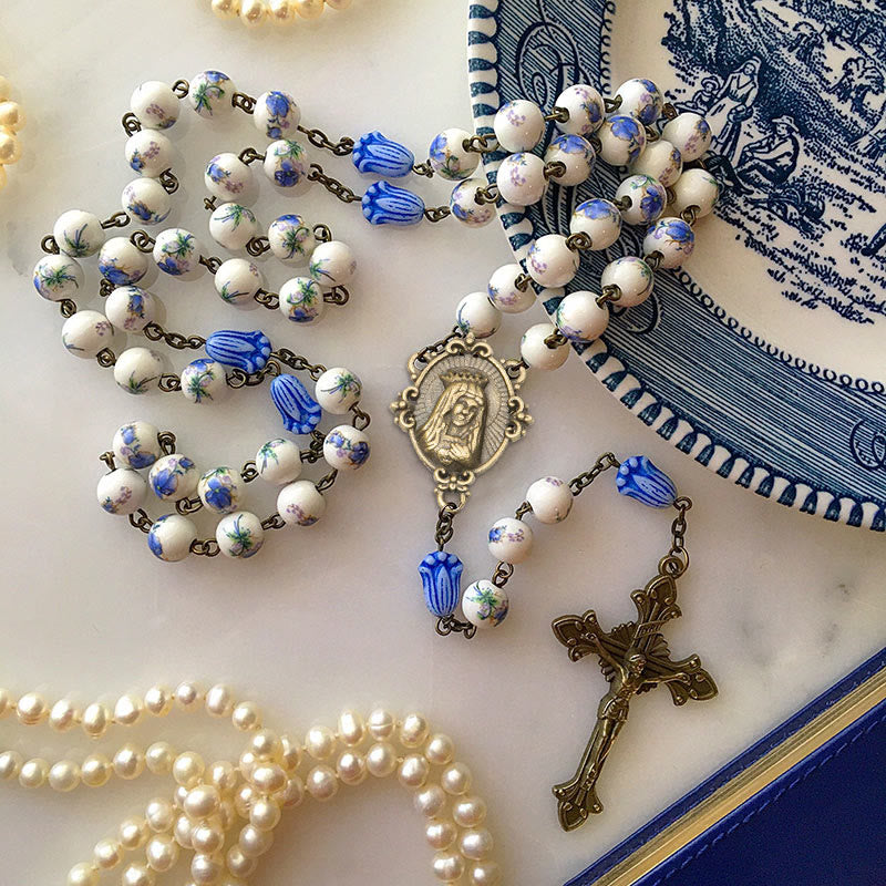 Immaculate Heart of Mary & Crucifix of 8 mm Round Blue Floral Acrylic Alloy Chain Rosary
