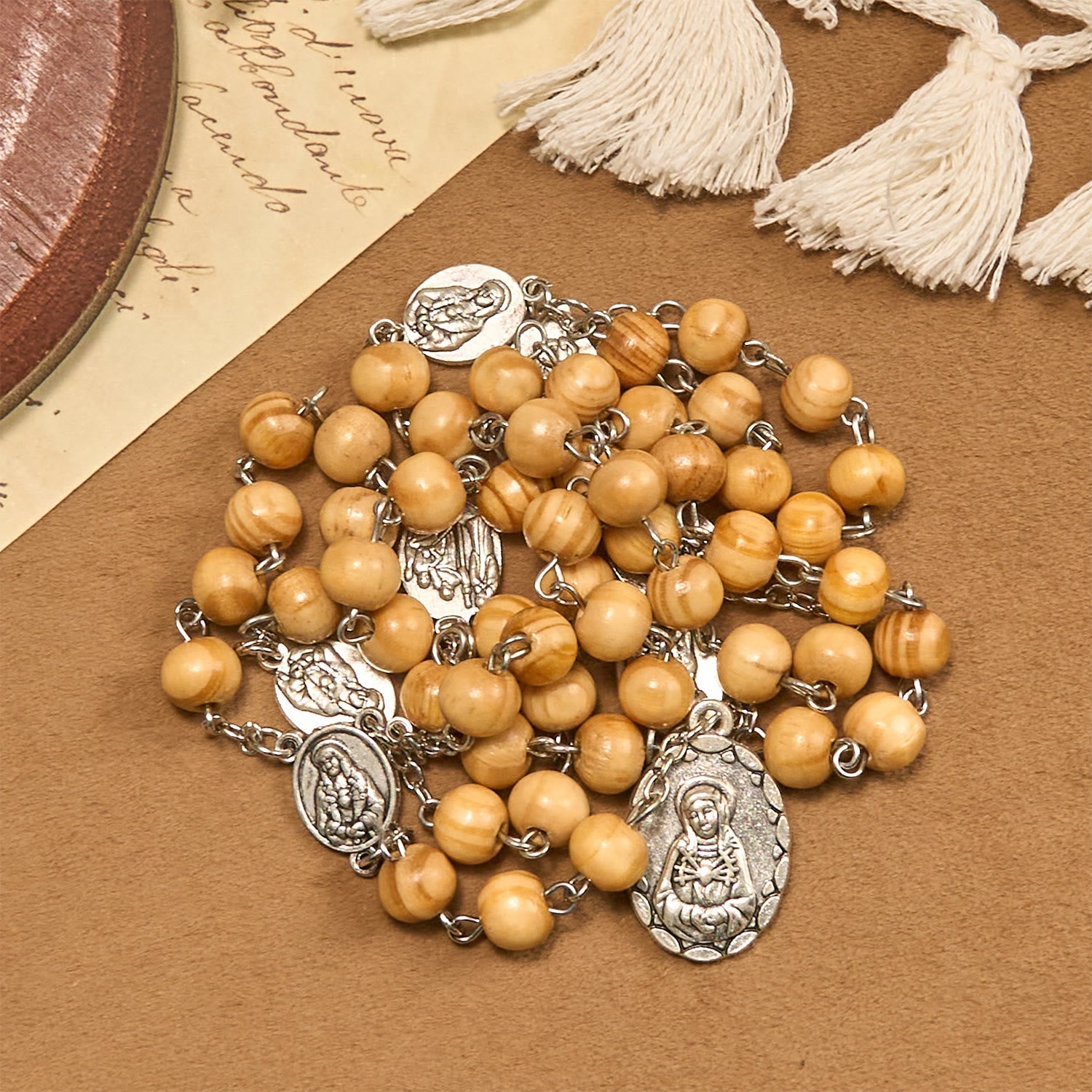 Olive Wood Seven Sorrows Rosary Featuring Our Lady Medal: Divine Devotion in Every Bead