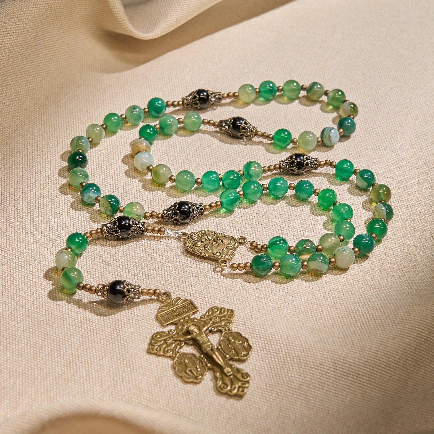 Exquisite Green Agate Rosary with Pardon Crucifix & Holy Family: Graceful Spiritual Narrative