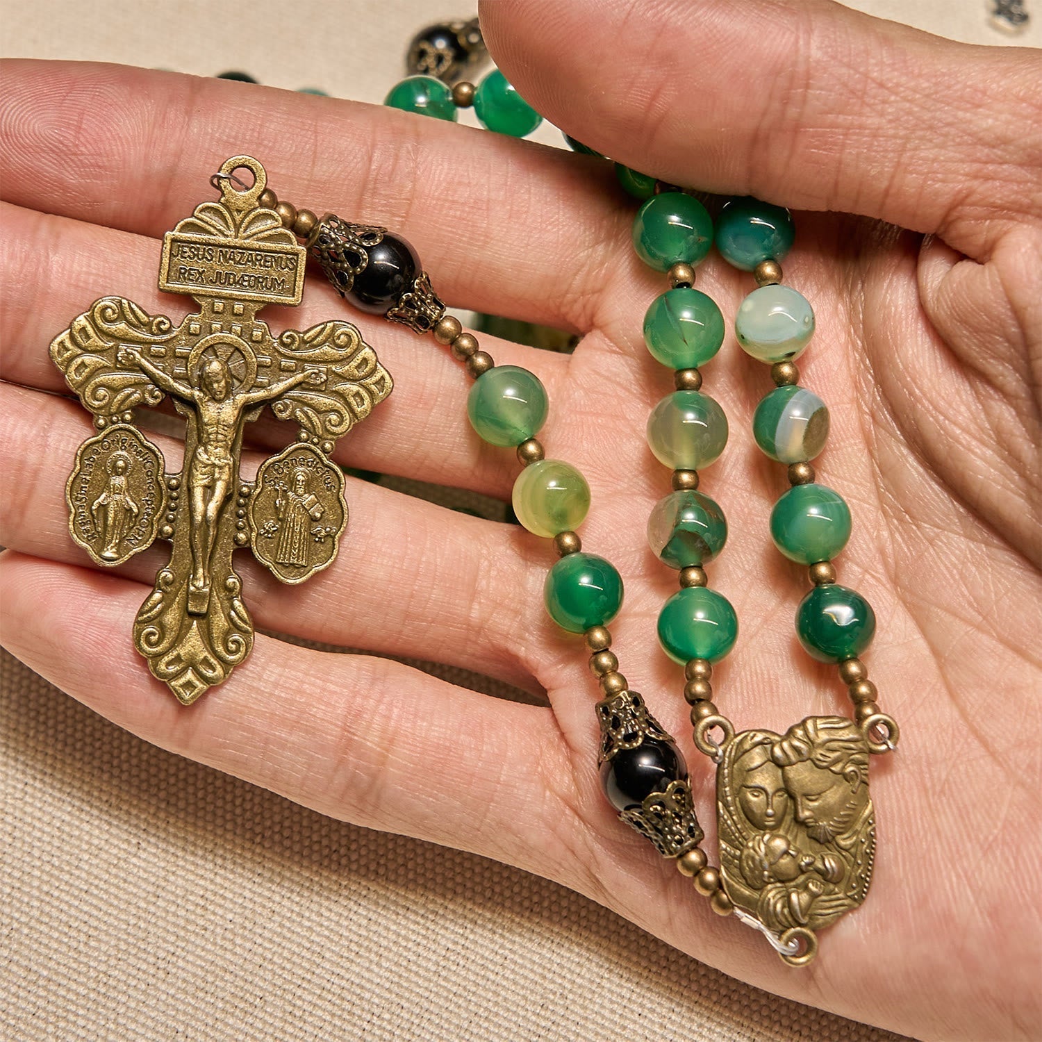 Exquisite Green Agate Rosary with Pardon Crucifix & Holy Family: Graceful Spiritual Narrative