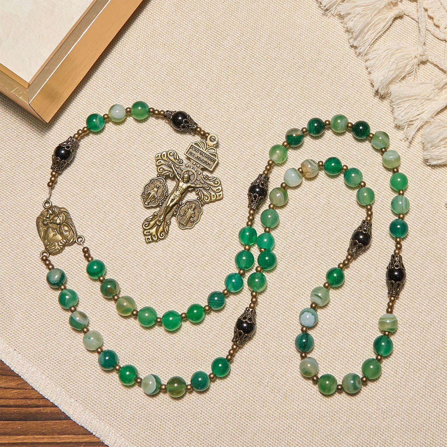Exquisite Green Agate Rosary with Pardon Crucifix & Holy Family: Graceful Spiritual Narrative