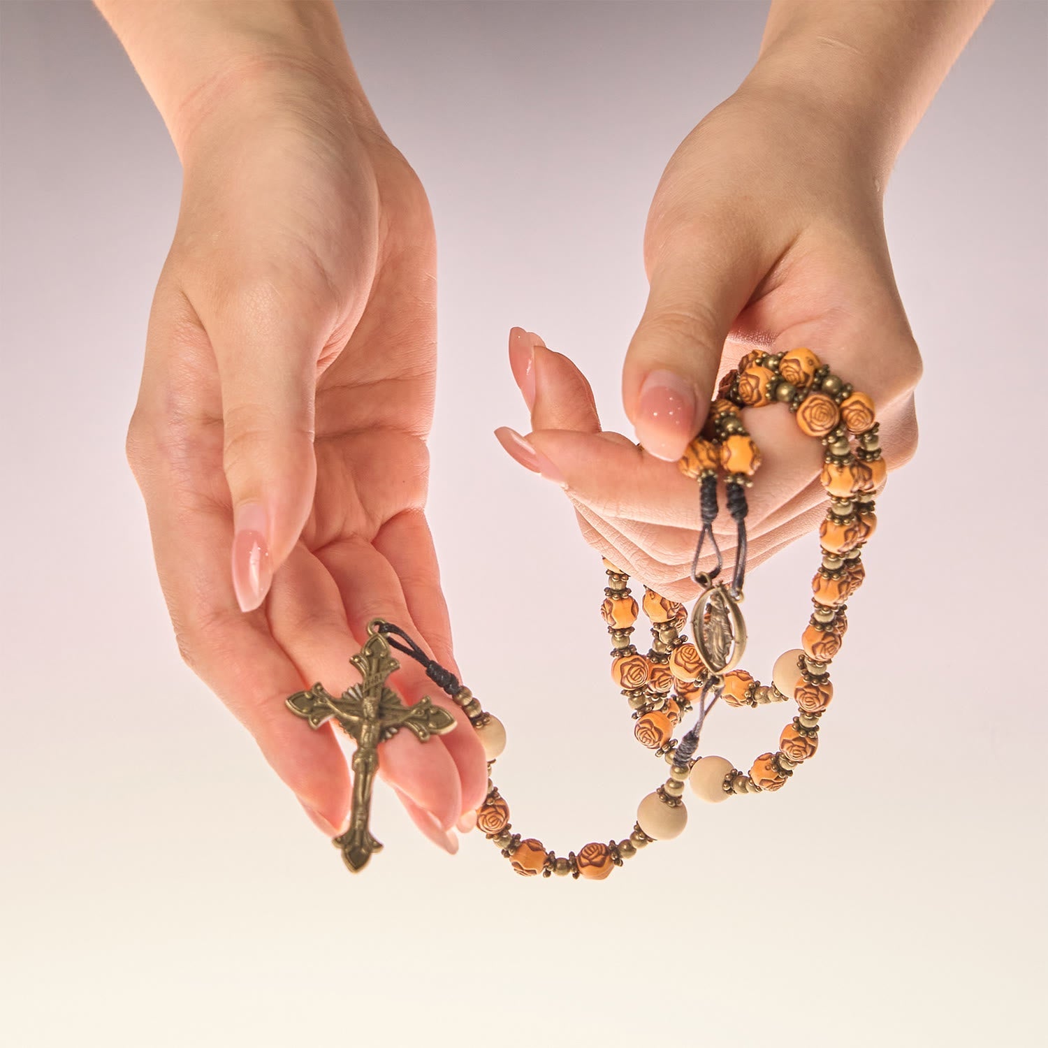 Exquisite Wooden Rose Beads with Bronze Crucifix & Miraculous Medal Rosary
