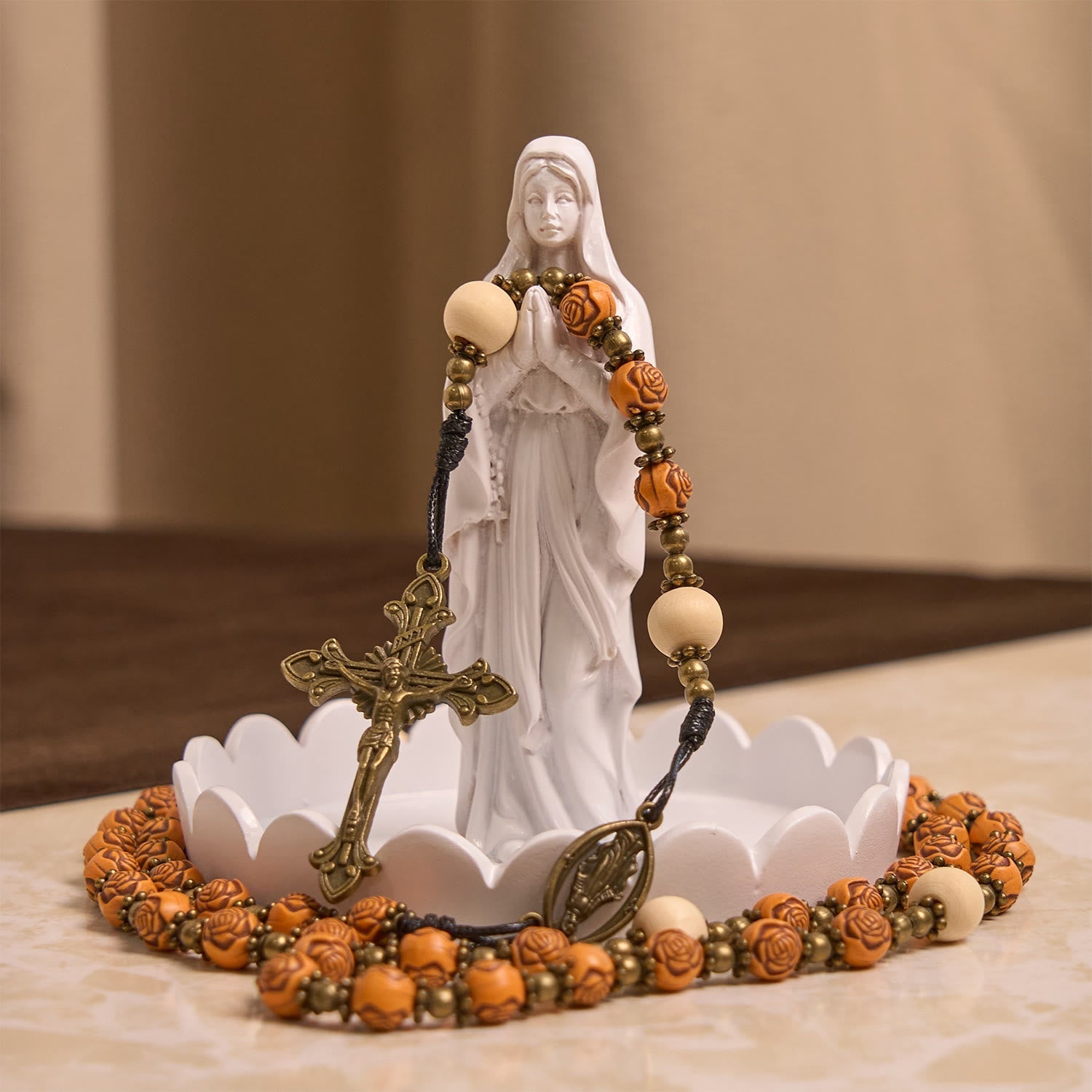 Exquisite Wooden Rose Beads with Bronze Crucifix & Miraculous Medal Rosary
