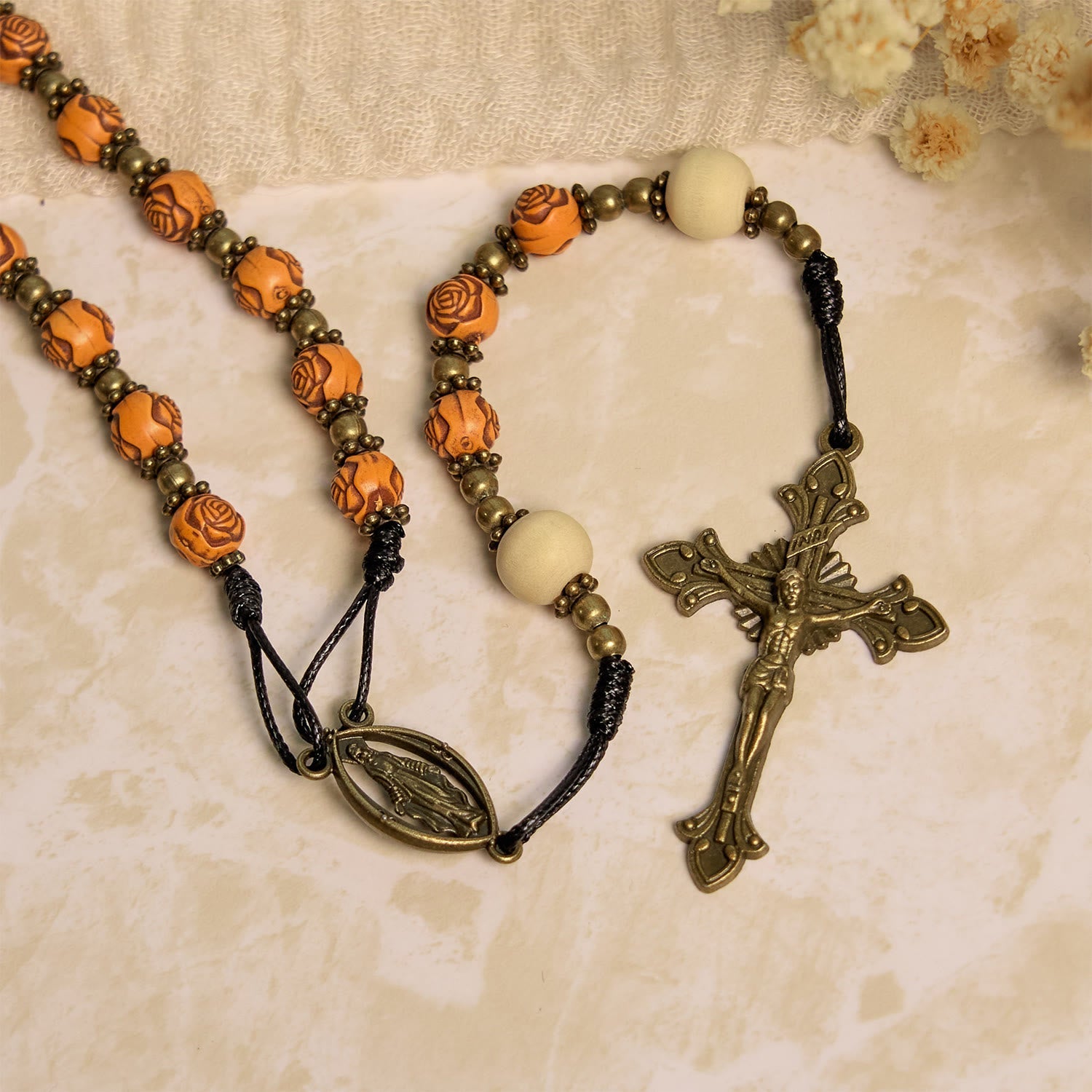 Exquisite Wooden Rose Beads with Bronze Crucifix & Miraculous Medal Rosary