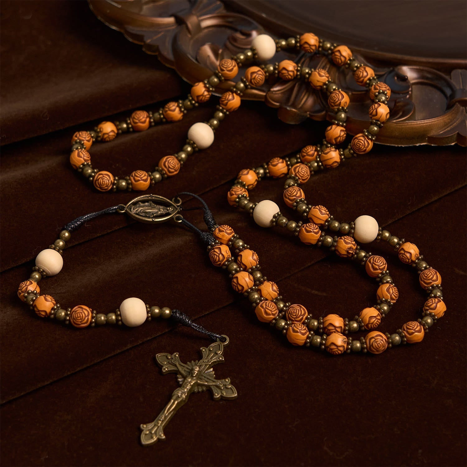 Exquisite Wooden Rose Beads with Bronze Crucifix & Miraculous Medal Rosary