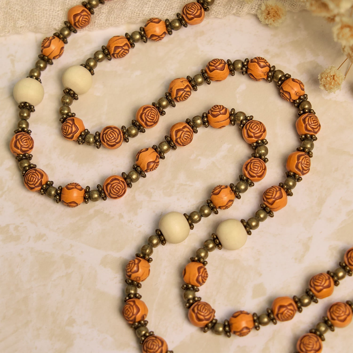 Exquisite Wooden Rose Beads with Bronze Crucifix & Miraculous Medal Rosary