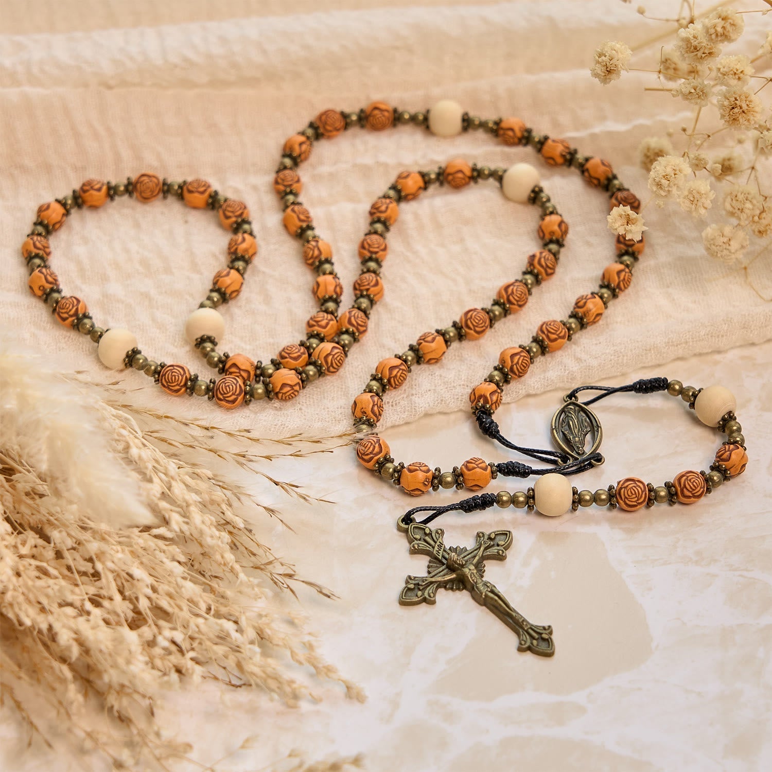 Exquisite Wooden Rose Beads with Bronze Crucifix & Miraculous Medal Rosary