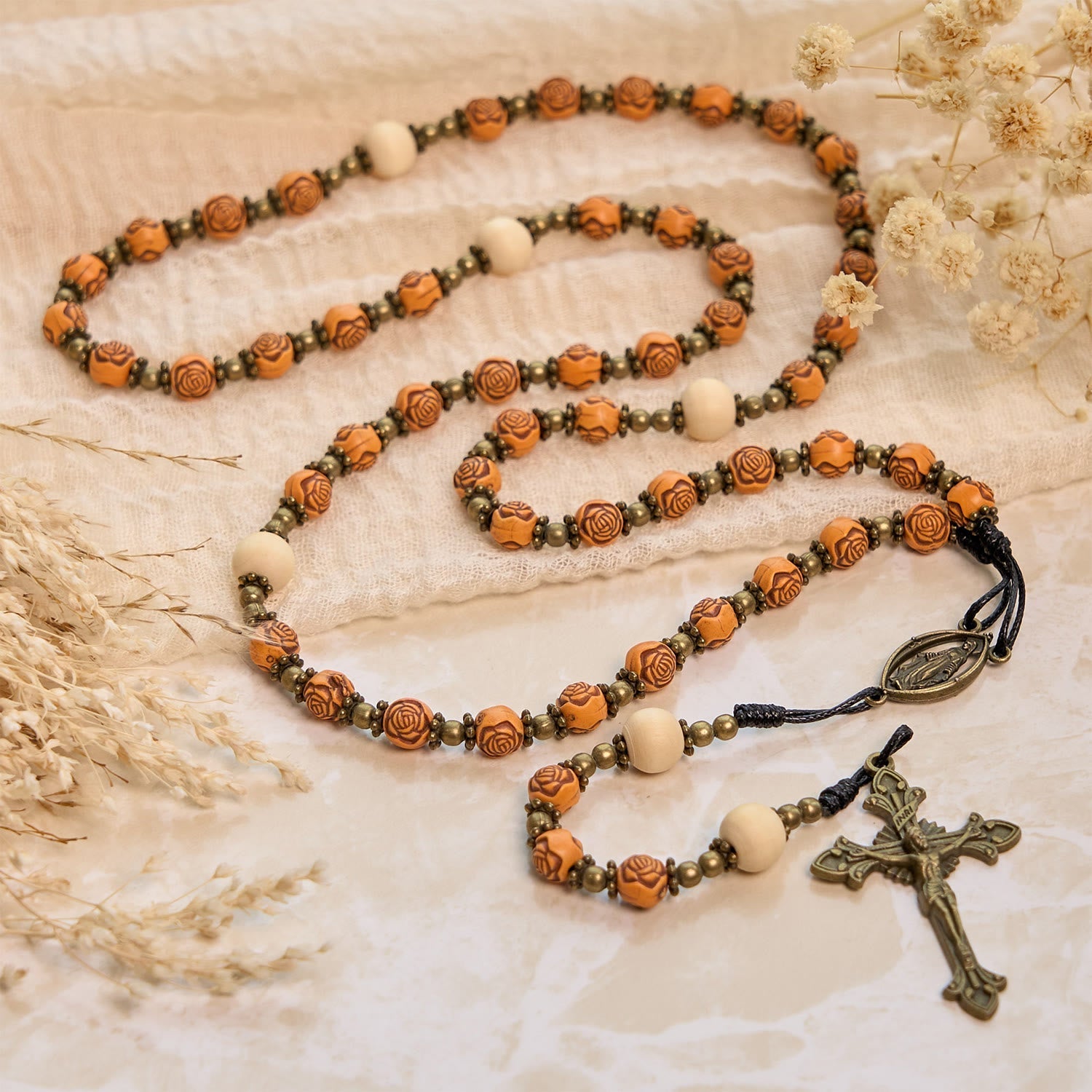 Exquisite Wooden Rose Beads with Bronze Crucifix & Miraculous Medal Rosary