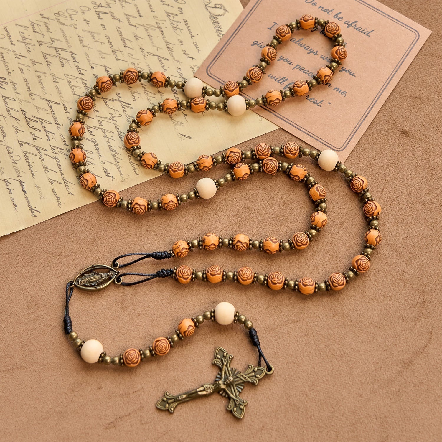 Exquisite Wooden Rose Beads with Bronze Crucifix & Miraculous Medal Rosary