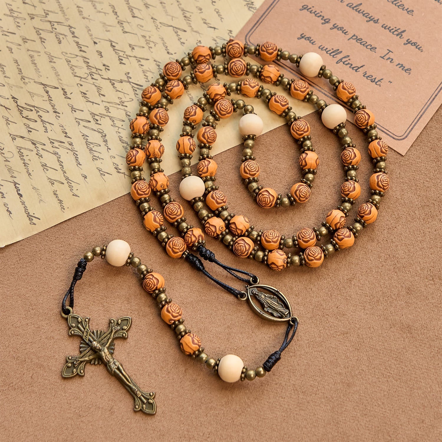 Exquisite Wooden Rose Beads with Bronze Crucifix & Miraculous Medal Rosary