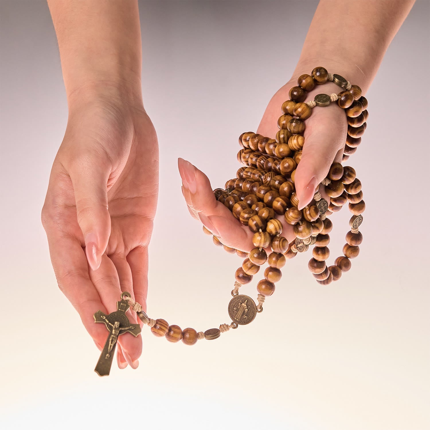 15/20 Decade Olive Wood Rosary with St. Benedict, Crucifix & Waist Chain Design—Divine Devotion in Dual Use