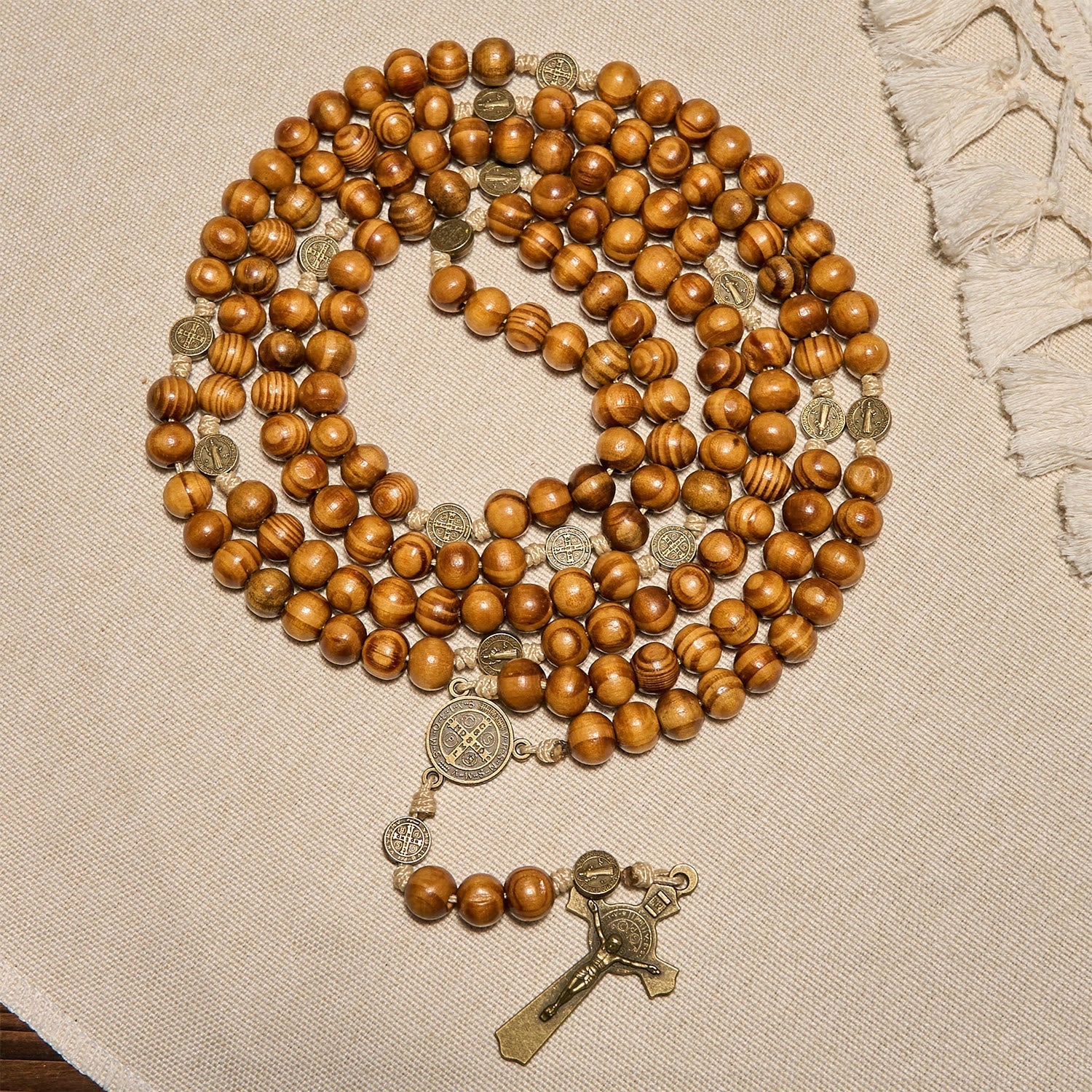 15/20 Decade Olive Wood Rosary with St. Benedict, Crucifix & Waist Chain Design—Divine Devotion in Dual Use