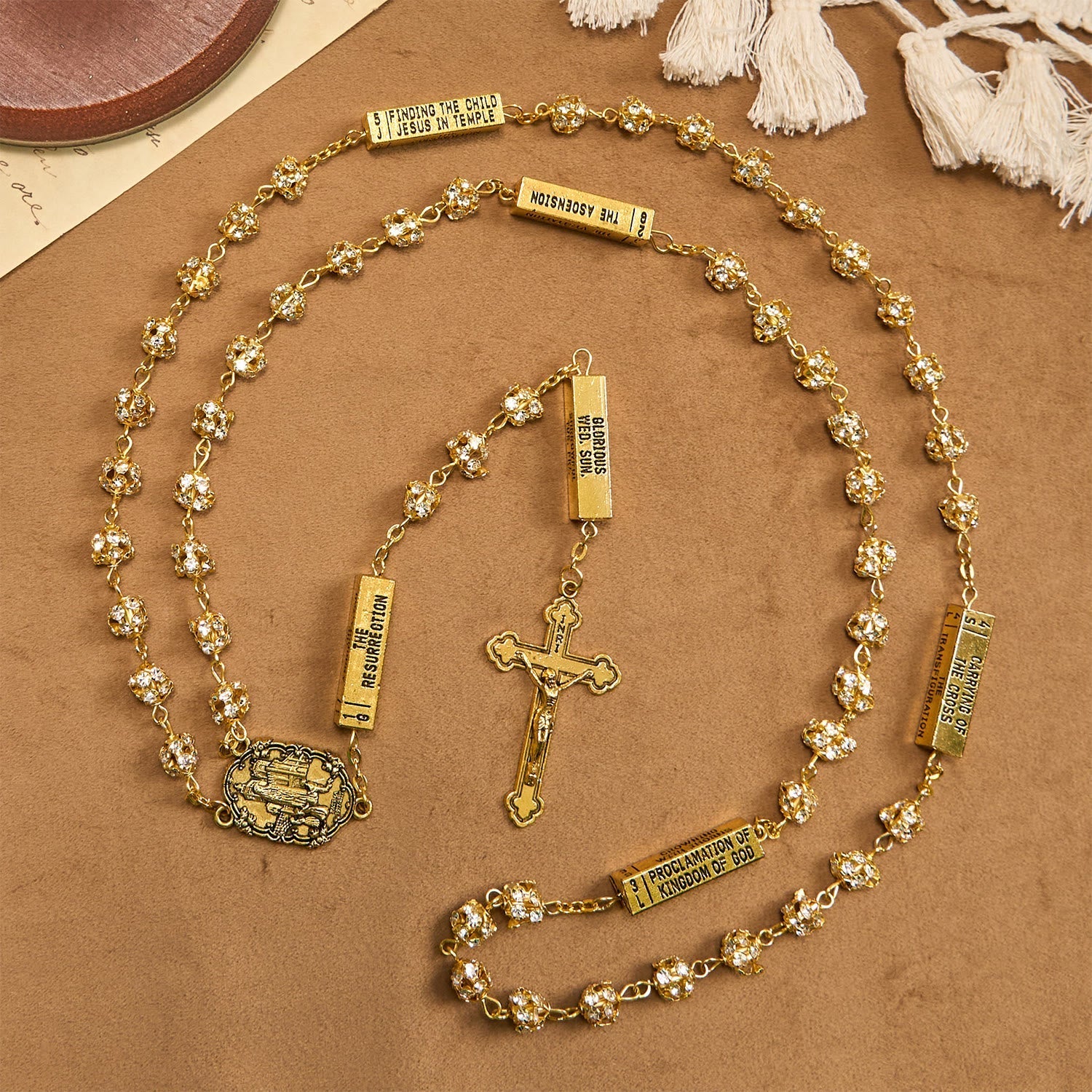 Our Lady of Fátima & Crucifix of 8 mm Round Golden Metal Gems Alloy Chain Rosary