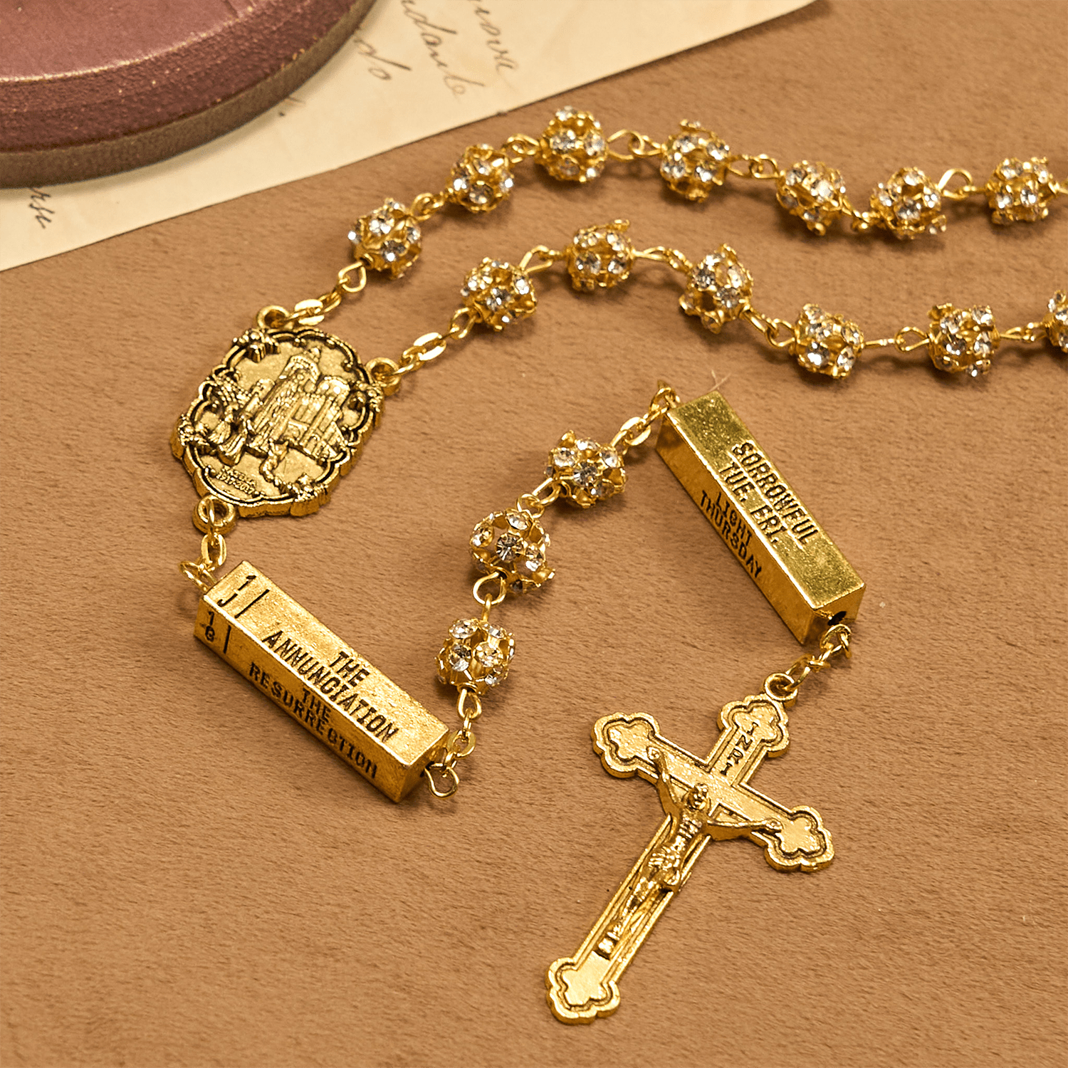 Our Lady of Fátima & Crucifix of 8 mm Round Golden Metal Gems Alloy Chain Rosary