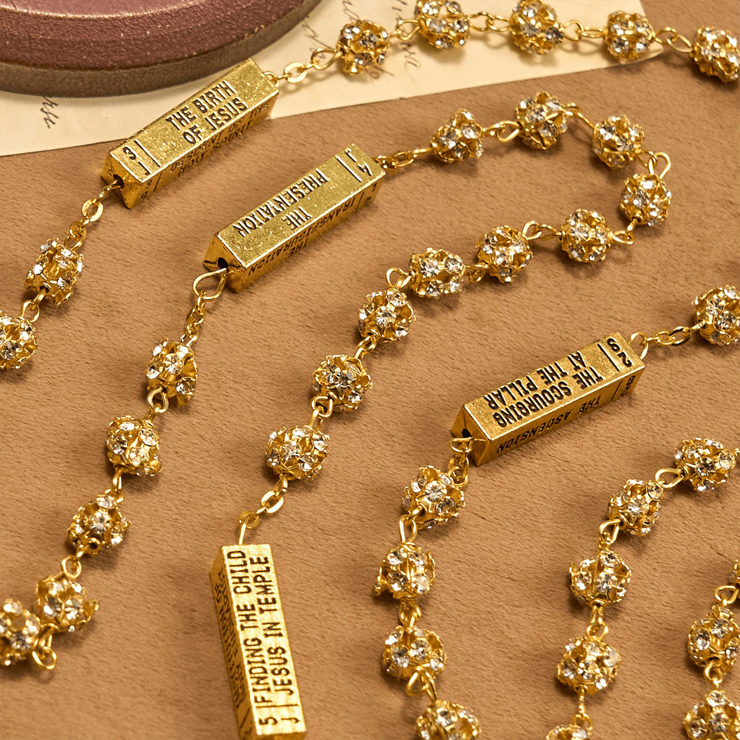 Our Lady of Fátima & Crucifix of 8 mm Round Golden Metal Gems Alloy Chain Rosary