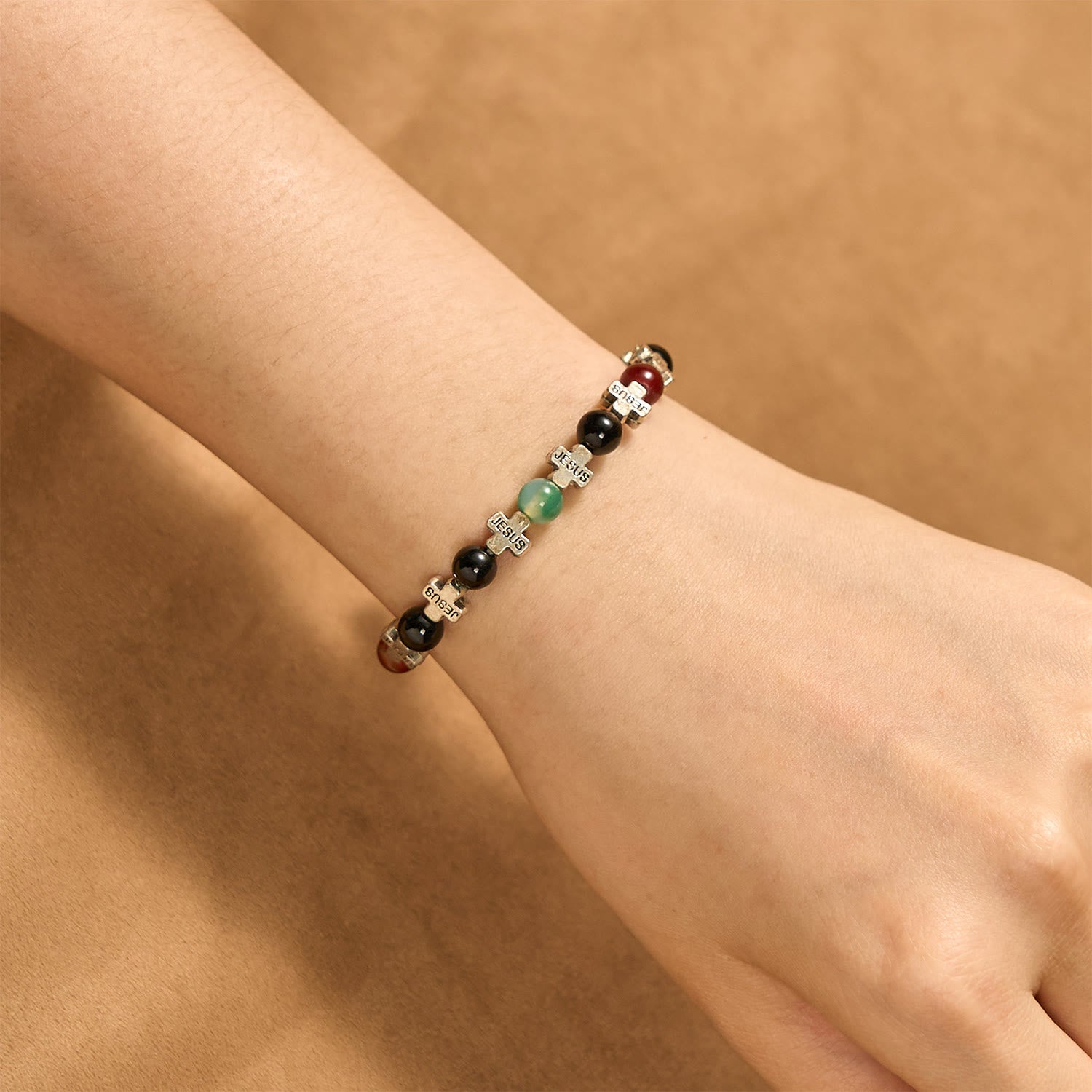 Natural Multicolored Agate Bracelet with Two Tone Jesus Cross: Bold Faith Statement